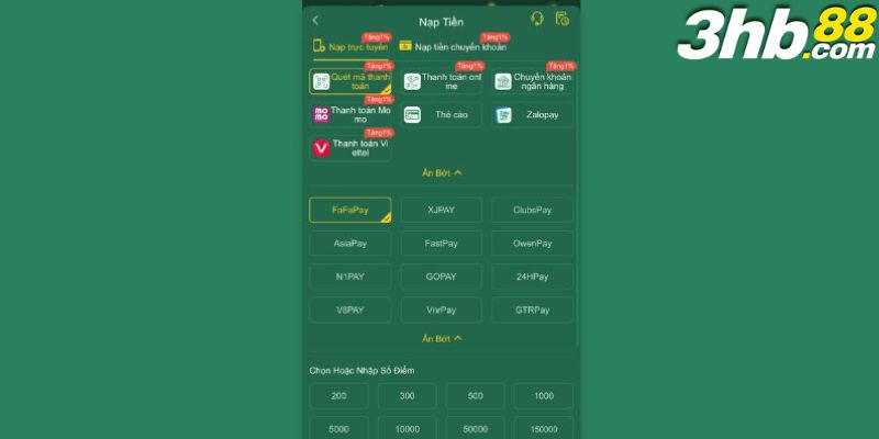 Chọn phương thức nạp tiền HB88